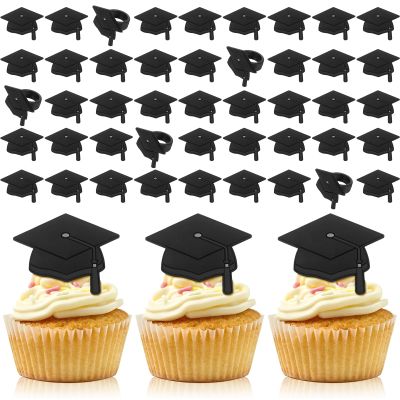Chunful 48 Pieces Graduation Cap Cake Toppers Grad Cupcake Rings Congrats Grad Cap Cupcake Supplies for Graduation Theme Party Cake Decoration(Black)