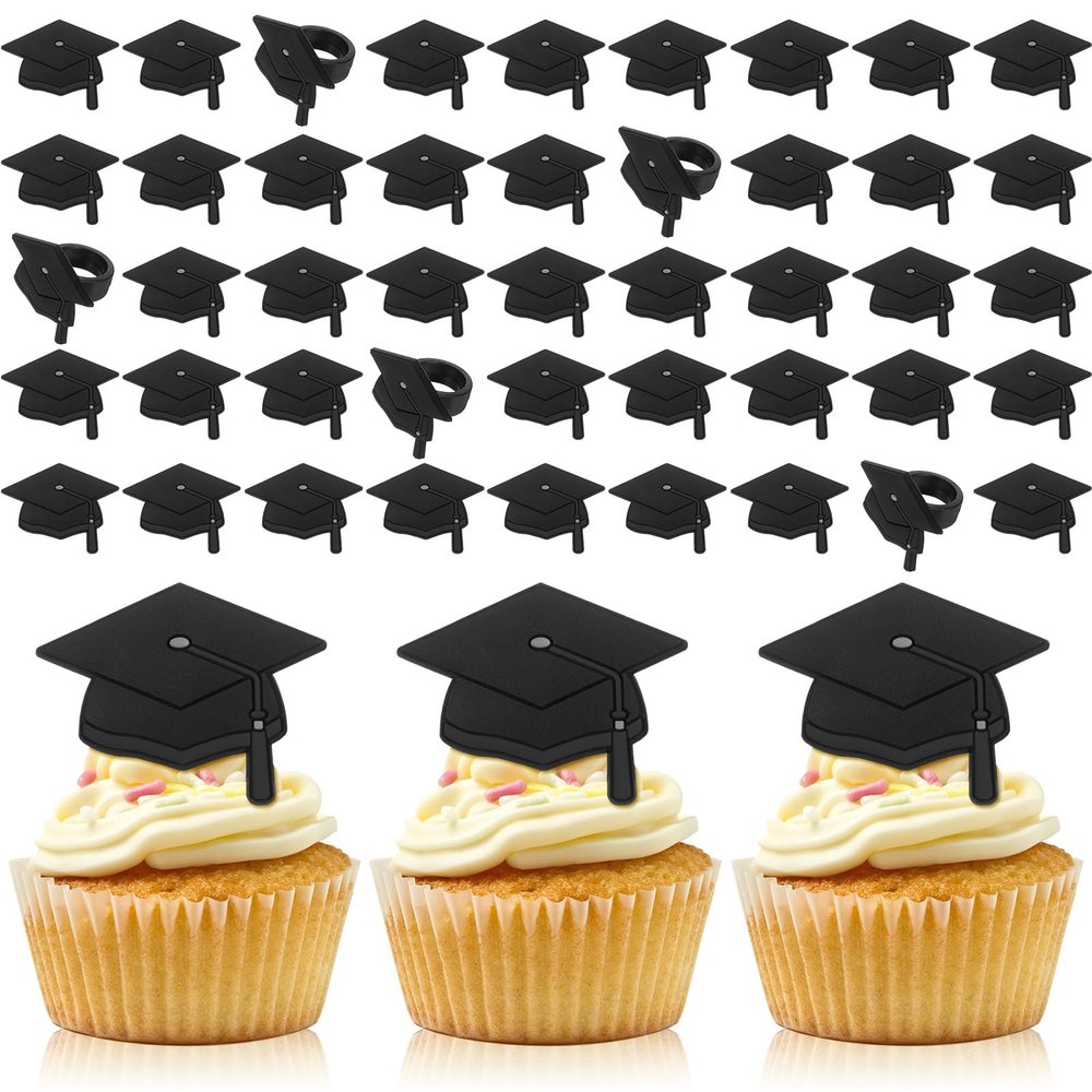 Chunful 48 Pieces Graduation Cap Cake Toppers Grad Cupcake Rings Congrats Grad Cap Cupcake Supplies for Graduation Theme Party Cake Decoration(Black)