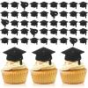 Chunful 48 Pieces Graduation Cap Cake Toppers Grad Cupcake Rings Congrats Grad Cap Cupcake Supplies for Graduation Theme Party Cake Decoration(Black) view 1