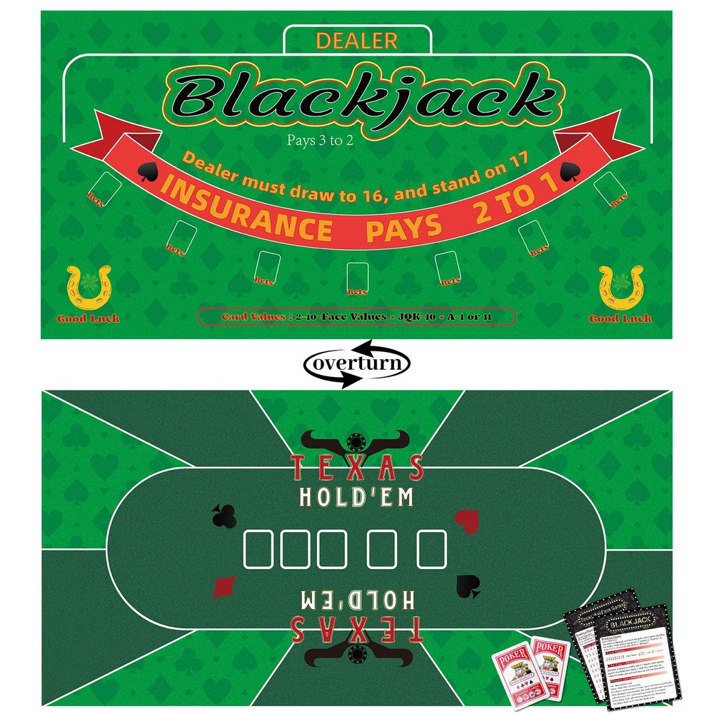 Double Sided Poker Mat 36x72Blackjack Table Topper, Casino Felt Cover, Texas Hold'em Cloth, Blackjack & Texas Hold'em Games Set for Playing Cards and Parties With 2 Decks of Cards and Instructions