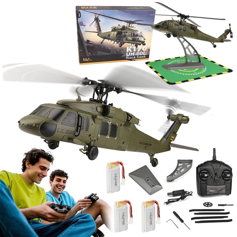 Aetheria WL K170 RC Helicopter with Altitude Hovering, 2.4G 4CH Remote Control Military Aircraft, UH-60L Brushless Motor Flybarless Helicopter, 6G/3D Stunt Copter Model for Adults -RTF