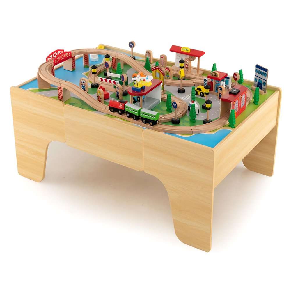 KOTEK Train Table, 84-Piece Wooden Toy Activity Playset with Storage, Tracks, Vehicles, Bridge, Tunnel, Buildings, Train Set Table for Toddlers, Gift for Boys Girls