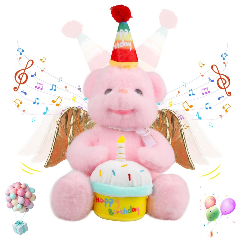 Humor Ted Animated Birthday Gifts for Kids Singing Happy Birthday Teddy Bear Plush Toys Singing Stuffed Animal Dancing and Moving Wings with Cupcake Song Musical for Adults Boys Girls,14"(Pink)