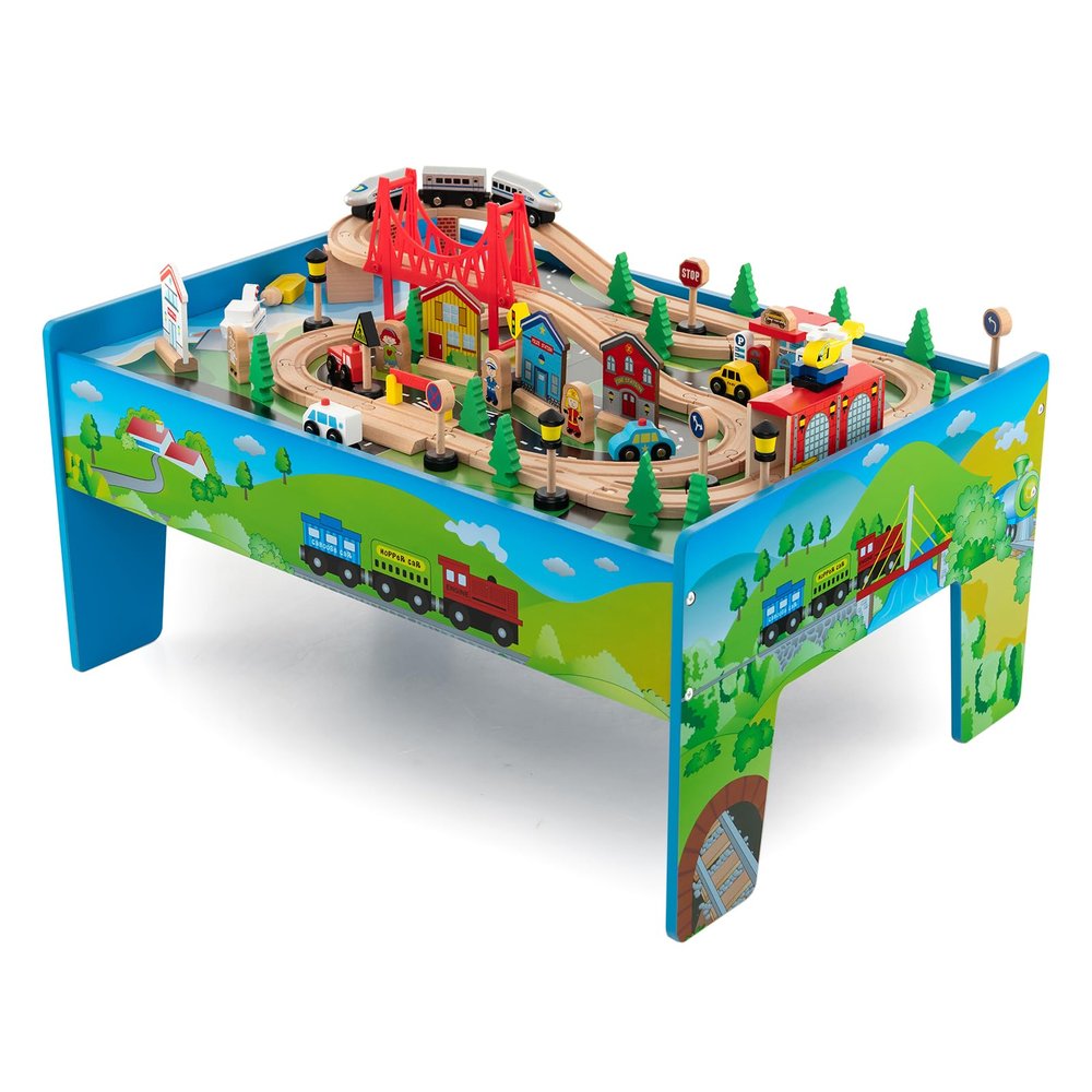 KOTEK Train Table, 80-Piece Wooden Toy Activity Playset w/Reversible Top, Tracks, Vehicles, Bridge, Tunnel, Buildings, City Themed Train Set Table for Toddlers, Gift for Boys Girls