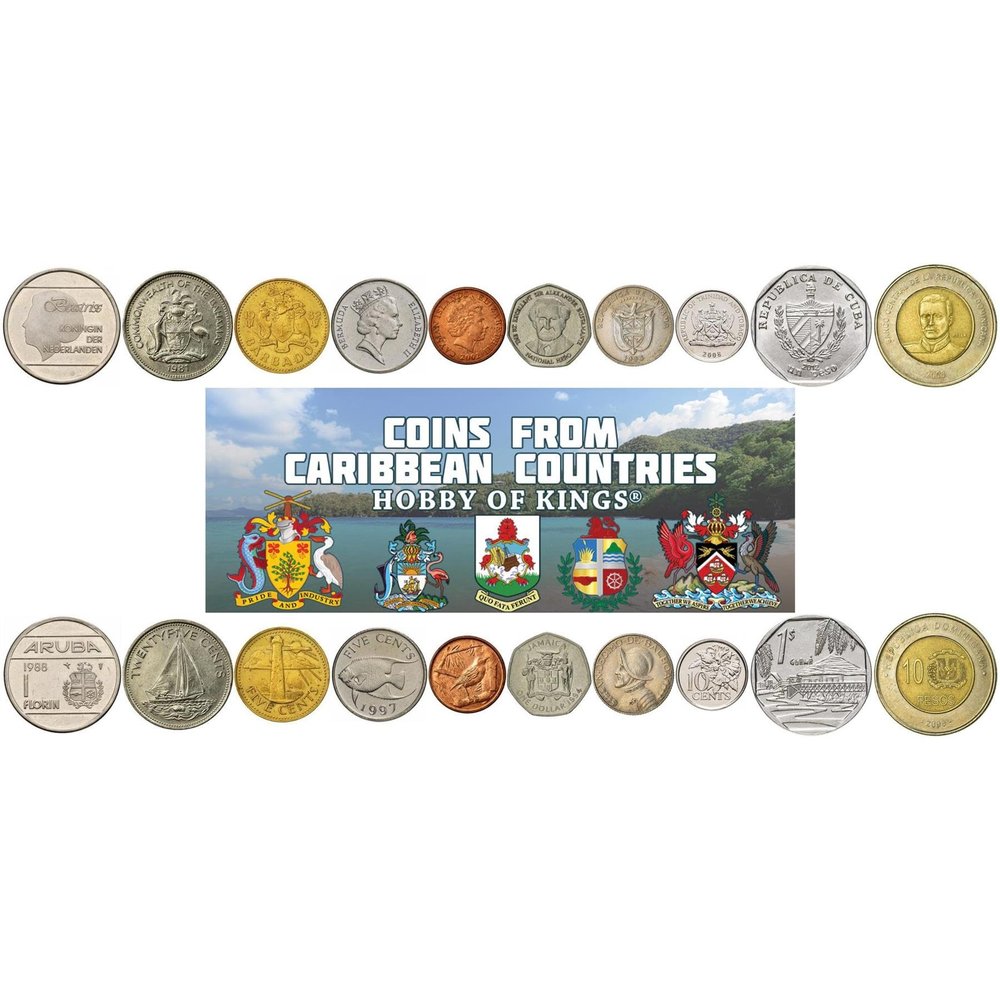 10 Different Novelty Coins from Caribbean Countries - Old Collectible West Indian Token Lot - for Novelty Coin Banks, Holders and Collection Albums