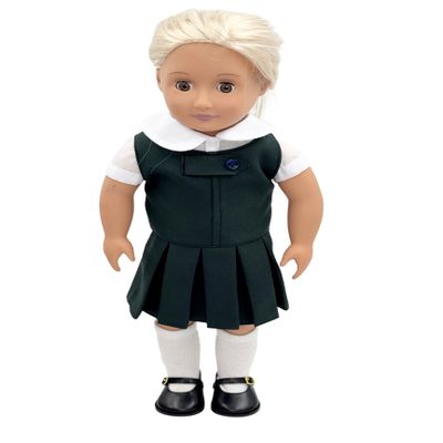 18 inch Doll Outfit-School Plaid Jumper include Blouse and Hair Accessory/Add on Option: Sock and Shoe (Doll is not included) (Zip Front Jumper,White Sock,Matte Black Shoe, Forest Green)