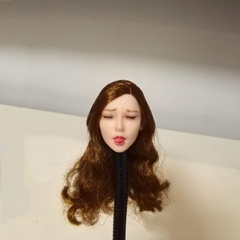 1/6 Female Head Sculpt Closed-eyed Wagging Tongue Expression Head Sculpt for 12inch Action Figure Body Doll, 1/6 Scale Playful Attractive Expression Female Head Carved Accessory (curly brown hair)
