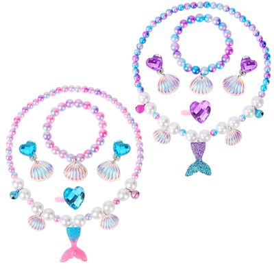 BAOBAOJOY 2 Sets Mermaid Jewelry Set for Girls, Princess Accessories for Dress-up, Birthday Party & Costume Play Mermaid Necklace, Bracelet, Ring & Earrings for Girls Age 3-8
