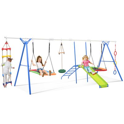 6 in-1 Kids Swing Set for Backyard & Playgrounds - Climbing Ladder, Saucer Swing/Disc Swing/Slide/Swing Rings, Multi-Activity Outdoor Playset for Kids Age 3-8