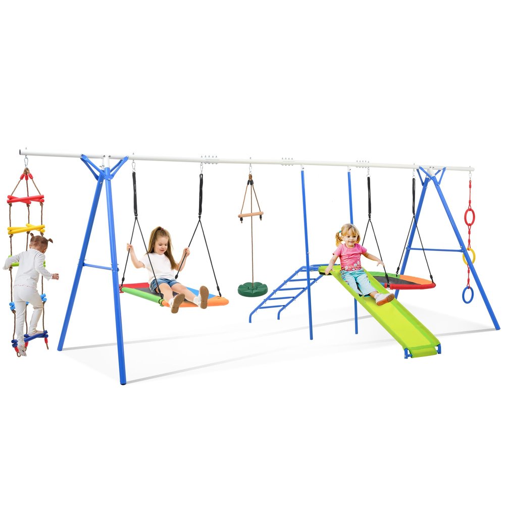 6 in-1 Kids Swing Set for Backyard & Playgrounds - Climbing Ladder, Saucer Swing/Disc Swing/Slide/Swing Rings, Multi-Activity Outdoor Playset for Kids Age 3-8