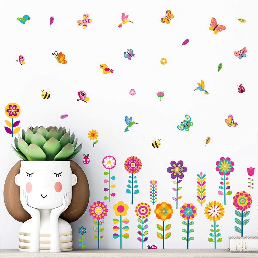 124 Pcs Spring Garden Wall Decals  16 Sheets Waterproof Vinyl Flower Stickers for Baseboard Skirting Board, Peel and Stick Floral Decals with Butterflies Bees Birds for Nursery Kids Room Classroom