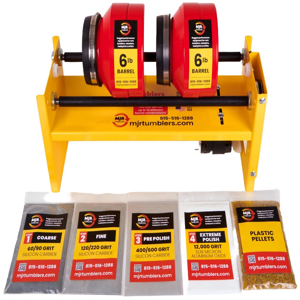 MJR Tumblers Commercial Duty Rock Tumbler. Capable of Running 18 Barrel Sizes & Combinations. Unmatched Quality, Durability & Versatility. (6lb & 6lb Large Base Rock Tumbler w/Grit Kit)