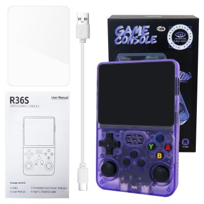 Zafina-UP R36S Retro Handheld Video Game Console 128GB Linux System 3.5'' IPS Screen 15,000 Games Portable (Purple)