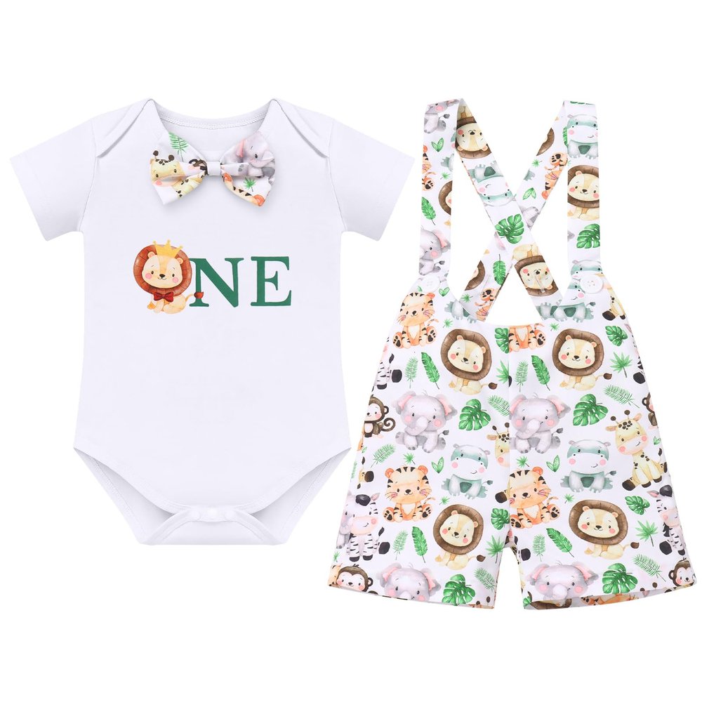 IBTOM CASTLE Lion First Birthday Outfit Boy Animal Safari Jungle Zoo Party Themed One Year Old Clothes Toddler Short Sleeve Romper Suspenders Shorts Cake Smash Photoshoot Set White 9-12 Months