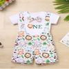 IBTOM CASTLE Lion First Birthday Outfit Boy Animal Safari Jungle Zoo Party Themed One Year Old Clothes Toddler Short Sleeve Romper Suspenders Shorts Cake Smash Photoshoot Set White 9-12 Months view 2