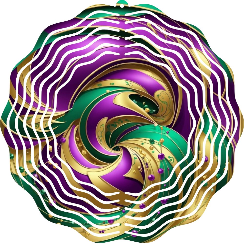 10 Inch Metal Mardi Gras Wind Spinner - Swirling Kinetic Art - Purple, Green, Gold Outdoor Garden Decor - Weather Resistant