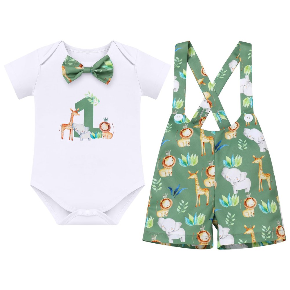 IBTOM CASTLE Jungle First Birthday Outfit Boy Animal Safari Zoo Party Themed One Year Old Clothes Toddler Short Sleeve Romper Suspenders Shorts Cake Smash Photoshoot Set Green 9-12 Months