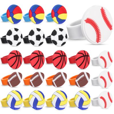 Chalyna 24 Packs Ball Rubber Rings Soccer Football Baseball Basketball Volleyball Beach Ball Cupcake Topper for Kids Party Favors Supplies