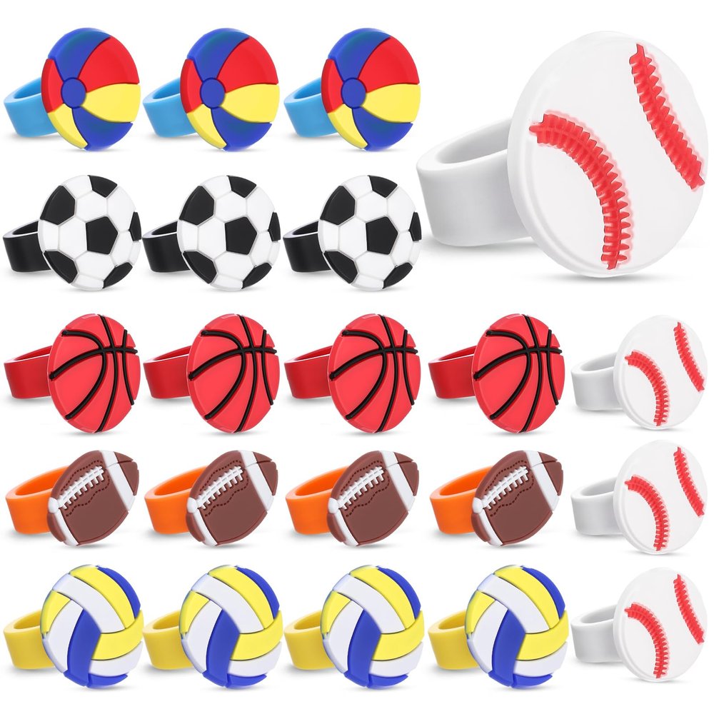 Chalyna 24 Packs Ball Rubber Rings Soccer Football Baseball Basketball Volleyball Beach Ball Cupcake Topper for Kids Party Favors Supplies