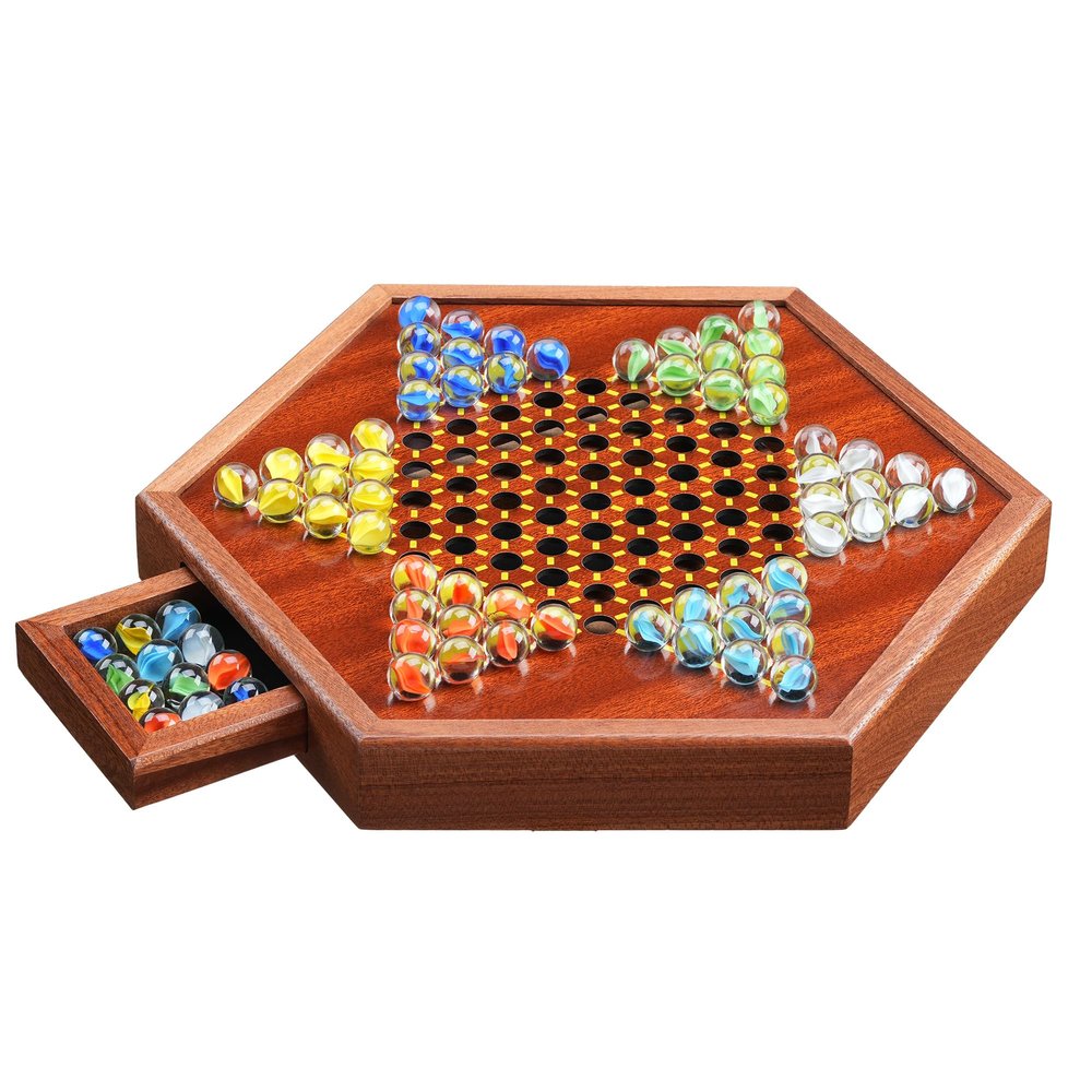 14.2" Wooden Chinese Checkers Board Game with Storage Drawer | 6-Player Marble Strategy Game | Classic Family Board Game for Kids & Adults | 16mm 60+12 Colorful Glass Marbles, More Easy Grasping