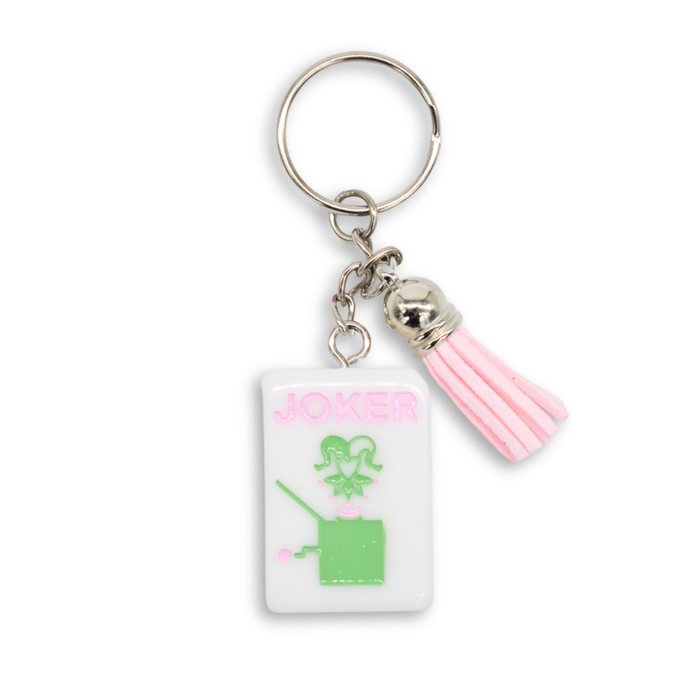 American Mahjong Tile Keychain, Cute Pink and Green Joker Design with Tassel, 1.5 x 1 inches, Mahjong Accessories, Gifts, and Prizes