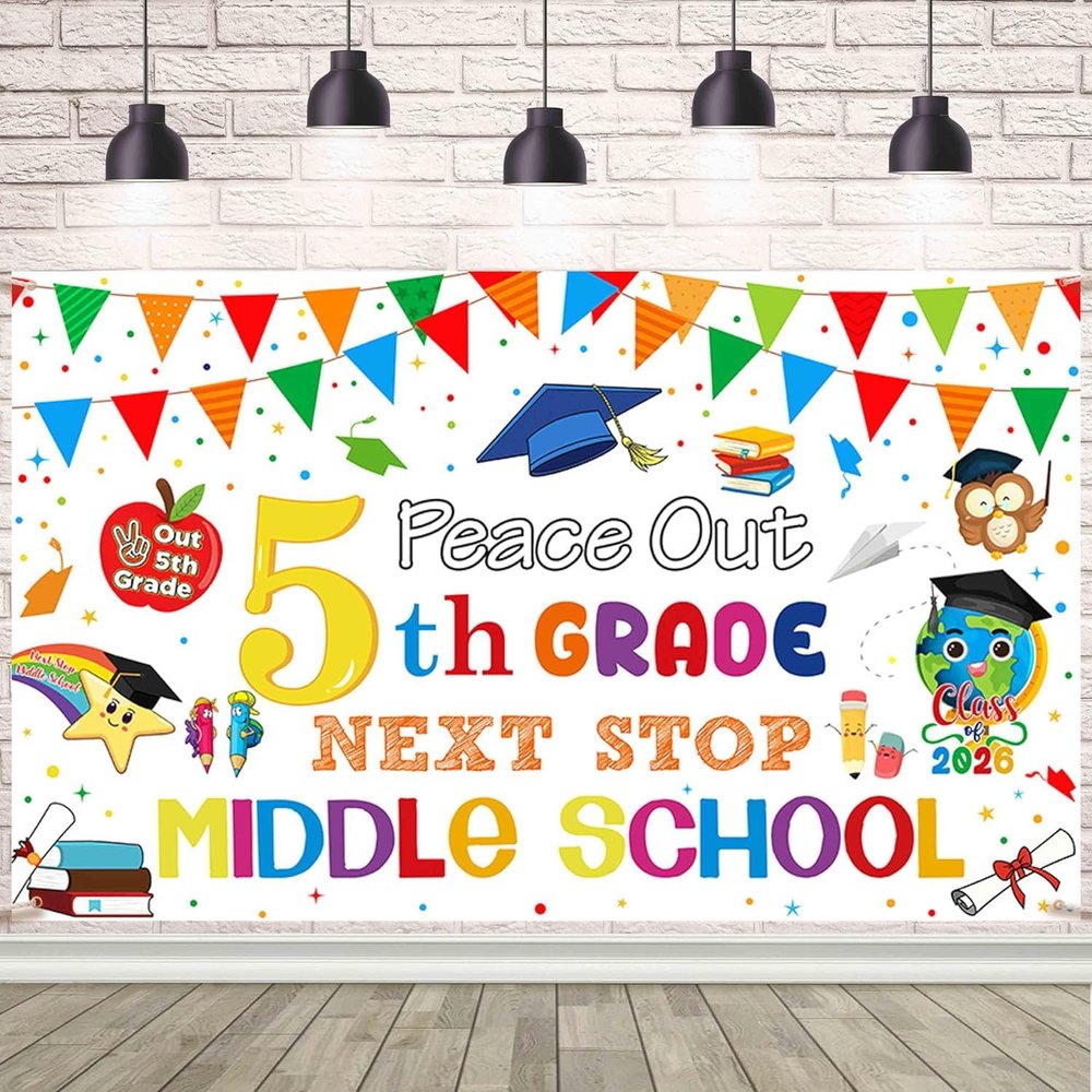 AIBIIN 8x6ft 5th Grade Graduation Backdrop Banner Peace Out 5TH Grade Next Stop Middle School Backdrop for Boys Girls 5th Grade Graduation Party Decor Elementary School Classroom Banner