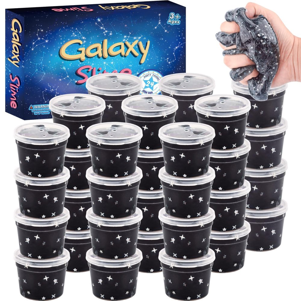 24 Pack Black Galaxy Slime Party Favors for Girls & Boys, Galaxy Star Slime Cup Bulk, Super Soft Sludge Toy, Wet, Non Sticky, Birthday Gifts, Classroom Rewards for Kids, Goodie Bag Stuffers