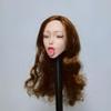 1/6 Female Head Sculpt Closed-eyed Wagging Tongue Expression Head Sculpt for 12inch Action Figure Body Doll, 1/6 Scale Playful Attractive Expression Female Head Carved Accessory (B curly brown hair) view 2