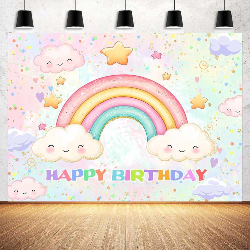 10X8ft Rainbow Birthday Backdrop for Girls Pastel Star Happy Birthday Banner Photo Backdrop Colorful Sprinkled Vibrant Rainbow Theme Kids Celebration Background