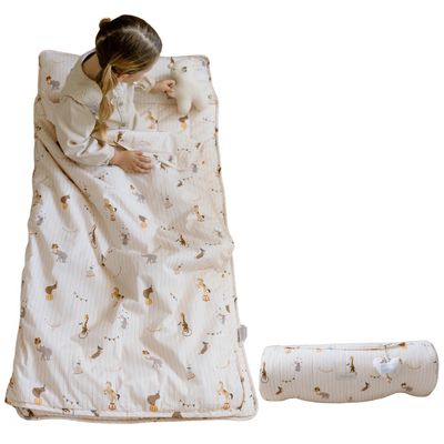 Bloomere Organic Toddler Nap Mat  100% Cotton Fabric Kids Sleeping Mat & Detachable Pillow  Sleeping Bag with Soft 1.5 Pad  Washable Travel Essentials  Nap Mat for Daycare, Preschool (Animal)