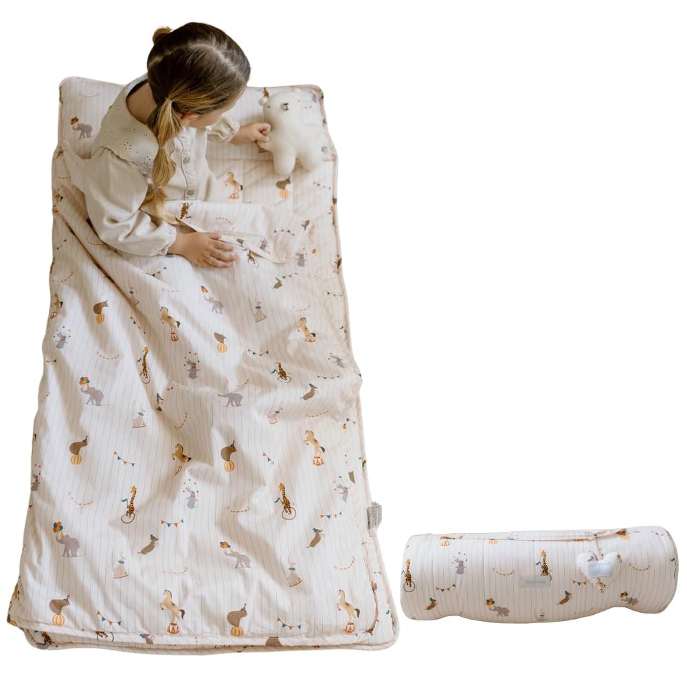 Bloomere Organic Toddler Nap Mat  100% Cotton Fabric Kids Sleeping Mat & Detachable Pillow  Sleeping Bag with Soft 1.5 Pad  Washable Travel Essentials  Nap Mat for Daycare, Preschool (Animal)