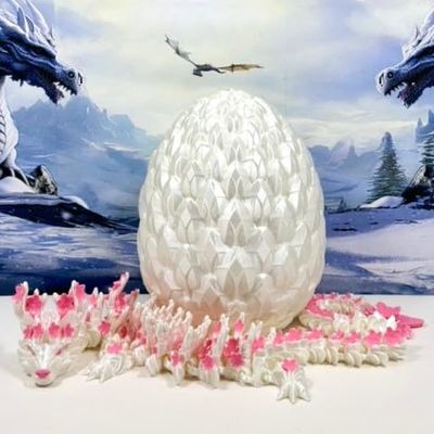 24 Inches 3D Printed Dragon with Dragon Egg, Articulated White and Pink Cherry Blossom, Fidget ADHD Autism Toy Executive Desk Toy D016-DR-24-WE