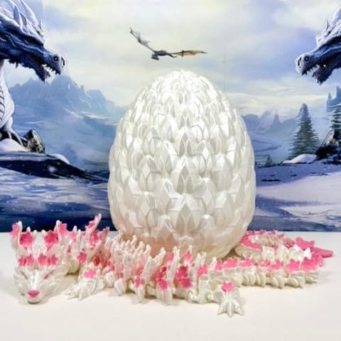 24 Inches 3D Printed Dragon with Dragon Egg, Articulated White and Pink Cherry Blossom, Fidget ADHD Autism Toy Executive Desk Toy D016-DR-24-WE