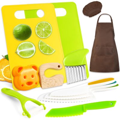DEABOLAR 12PCS Kids Cooking Sets Real with Kids Apron, Kids Knife Set for Real Cooking, Toddler Kitchen Tools with Kids Cutting Board and Knife Set for Girl Boy