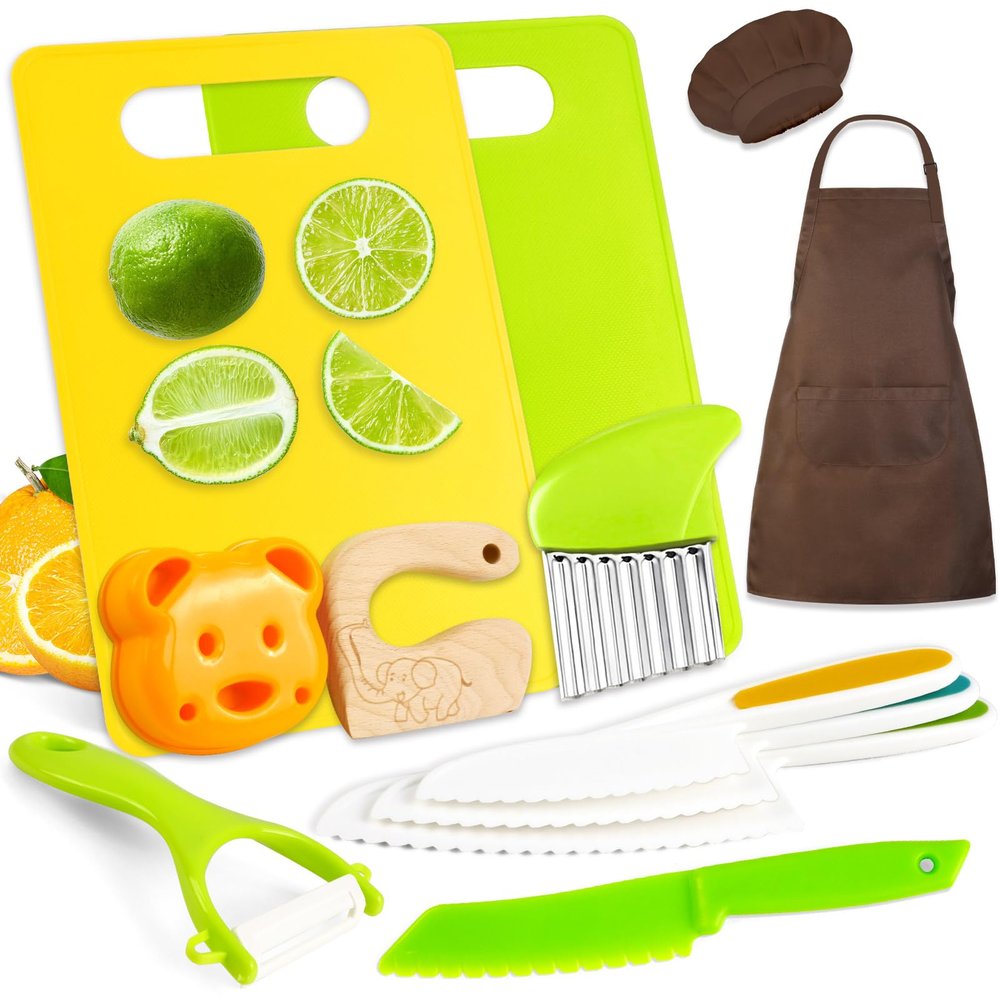 DEABOLAR 12PCS Kids Cooking Sets Real with Kids Apron, Kids Knife Set for Real Cooking, Toddler Kitchen Tools with Kids Cutting Board and Knife Set for Girl Boy