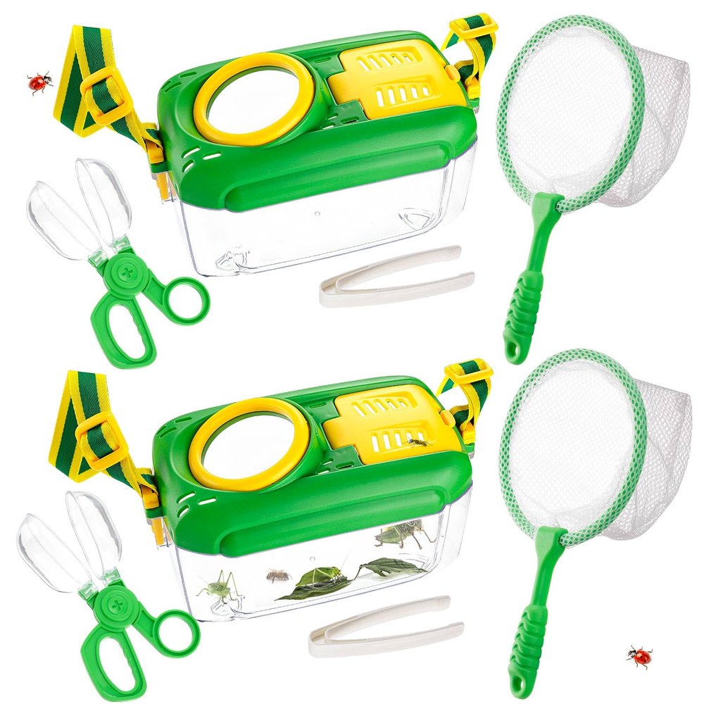 2 Set Bug Catcher for Kids- Educational Bug Catching Kit Including Butterfly Net, Insect Clip, Tweezer, Outdoor Toys for Kids Ages 3-10 (Green)