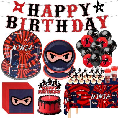 140Pcs Ninja Party Supplies for 20 Guests Ninja Warrior Birthday Decorations for Boys with Ninja Master Banner Balloons Tablecloth Cake Toppers Tableware Set for Karate Warrior Party Favors
