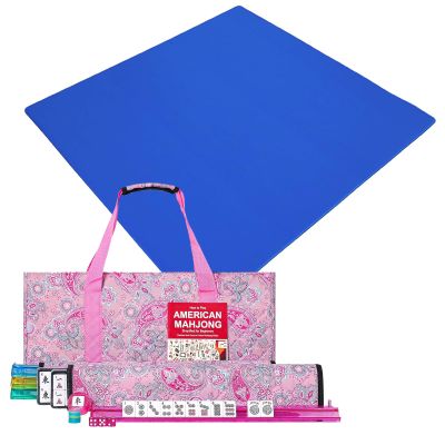 American Mahjong Game Set, 166 White Tiles, 4 All-in-One Color Rack/Pushers, Mahjong Set with Pink Bag (mah jongg),Mahjong Mat with Black Bag, Anti Slip and Noise Reduction Table Cover(Blue,31.5 in)
