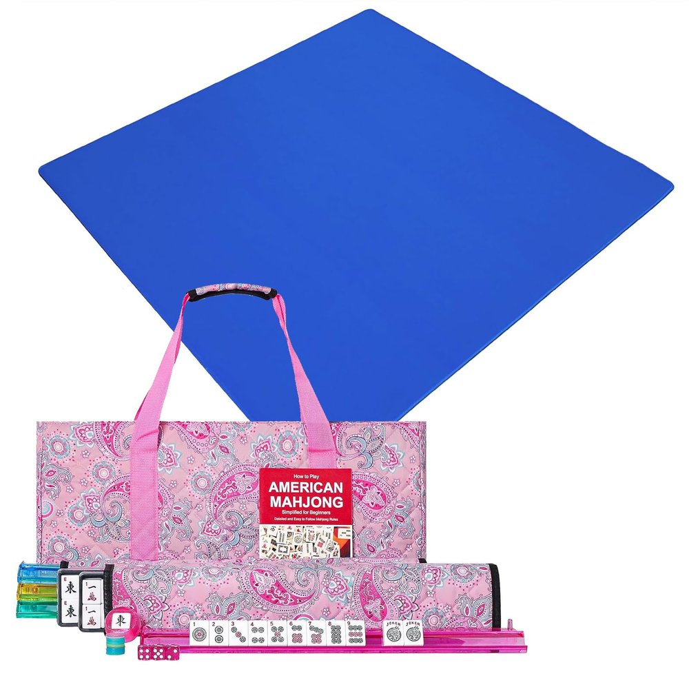 American Mahjong Game Set, 166 White Tiles, 4 All-in-One Color Rack/Pushers, Mahjong Set with Pink Bag (mah jongg),Mahjong Mat with Black Bag, Anti Slip and Noise Reduction Table Cover(Blue,31.5 in)