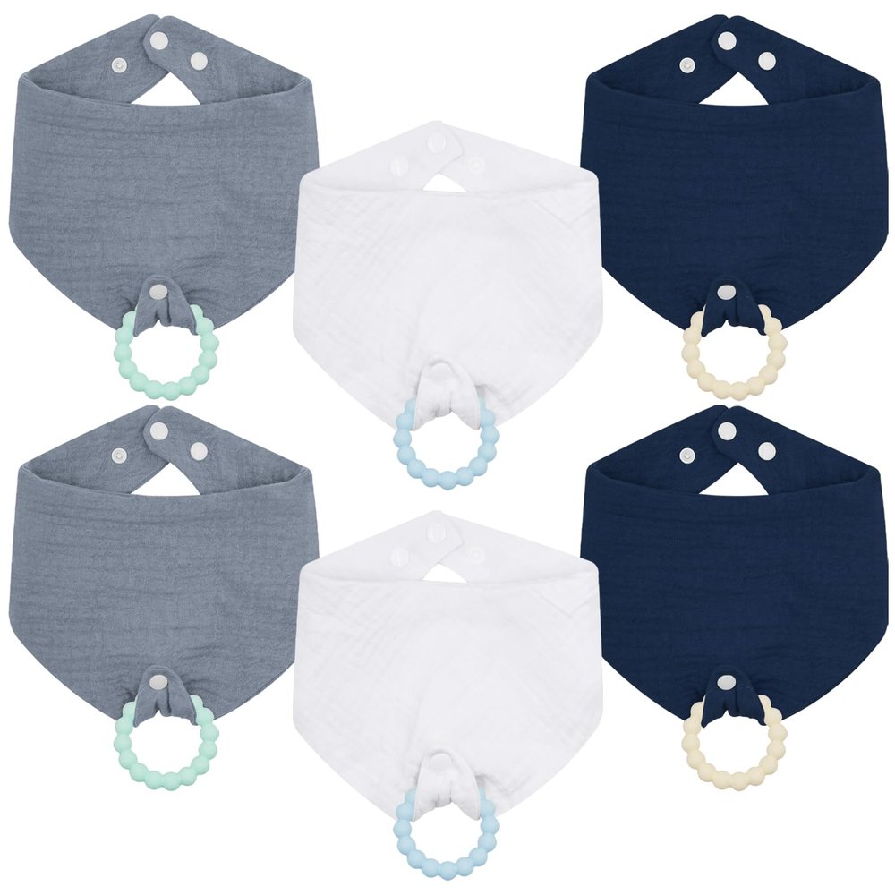 6-Pack Baby Drool Bibs + 6 Teething Set for Boys Girls - Soft Cotton Drooling & Teething Bibs for 0-24 Months Infants,100% Organic Cotton, Food-Grade Silicone