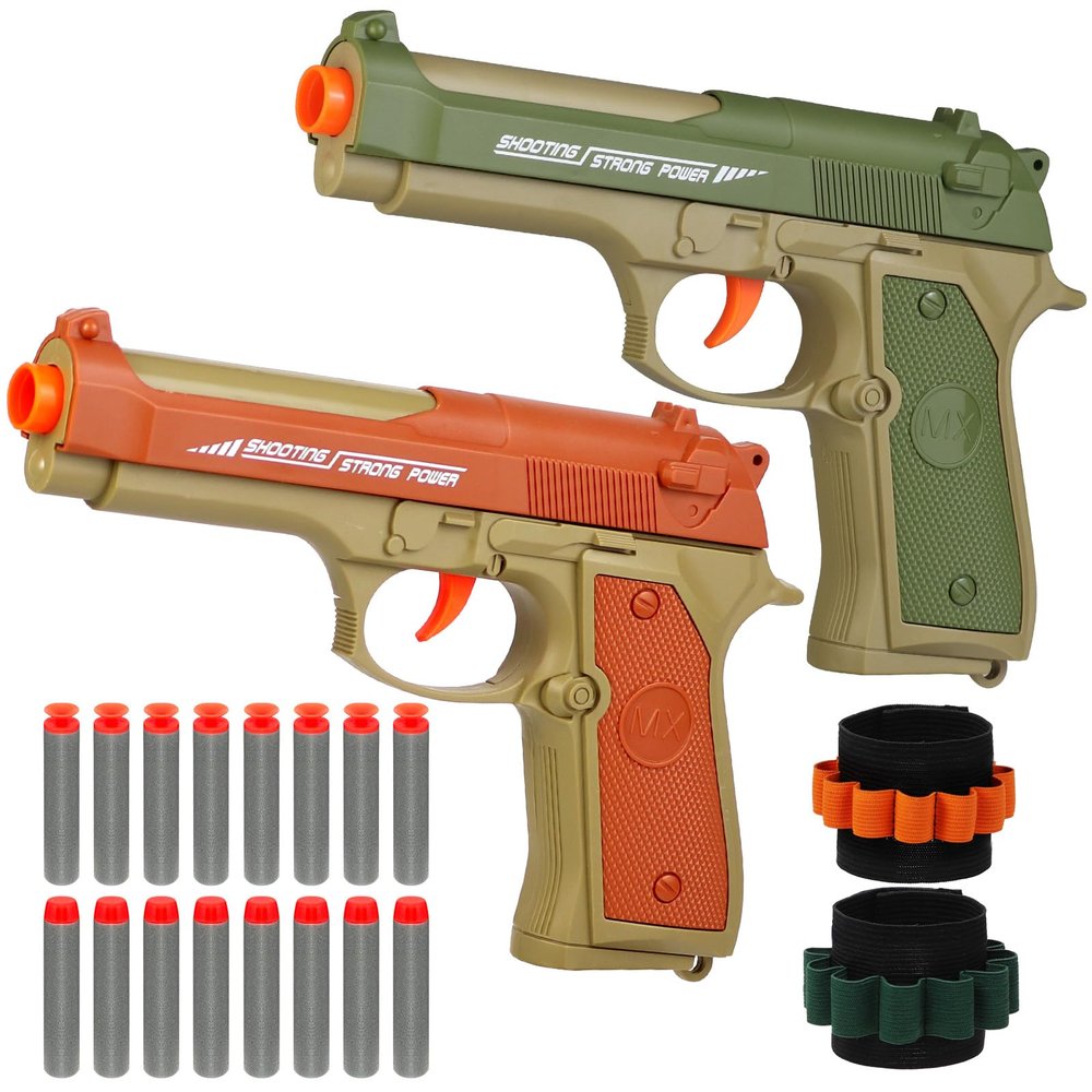 2 Pack Blaster Toy Guns for Boys Fit for Nerf Guns Darts, Small Toys Pistol for Boys Birthday Gifts, for Kids Toddlers Age 6-8 8-12 Year Olds - 16 Refill Foam Darts 2 Wristbands (Green Orange)