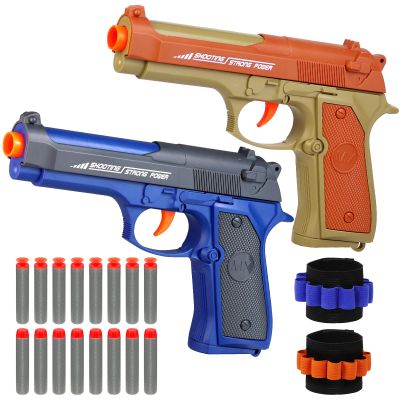 2 Pack Blaster Toy Guns for Boys Fit for Nerf Guns Darts, Small Toys Pistol for Boys Birthday Gifts, for Kids Toddlers Age 6-8 8-12 Year Olds - 16 Refill Foam Darts 2 Wristbands (Orange Blue)