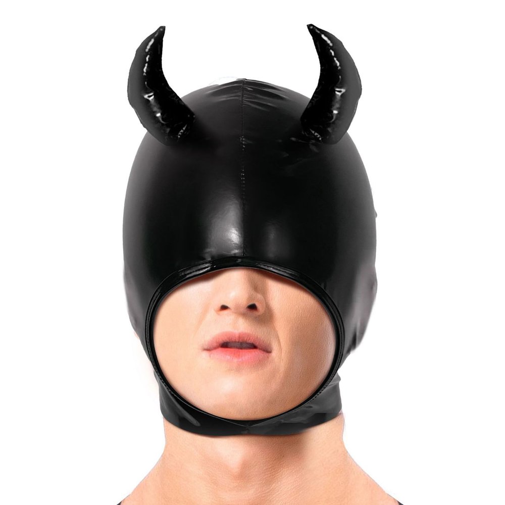 ALMYMM Sex Masks, Patent Leather Demon Devil Mask with Devil Horns Headgear for Halloween Cosplay, Themed Party Nightclub (XL)