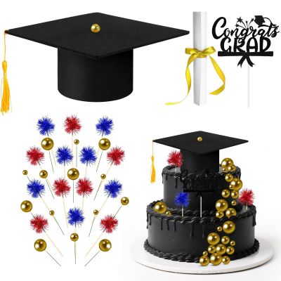 32PCS Graduation Cake Decorations Kit for Class of 2026 Felt Tassel Cap, Firework Cupcake Toppers, Diploma, Balls, Black Theme Graduation Party Supplies for Grads(Black)