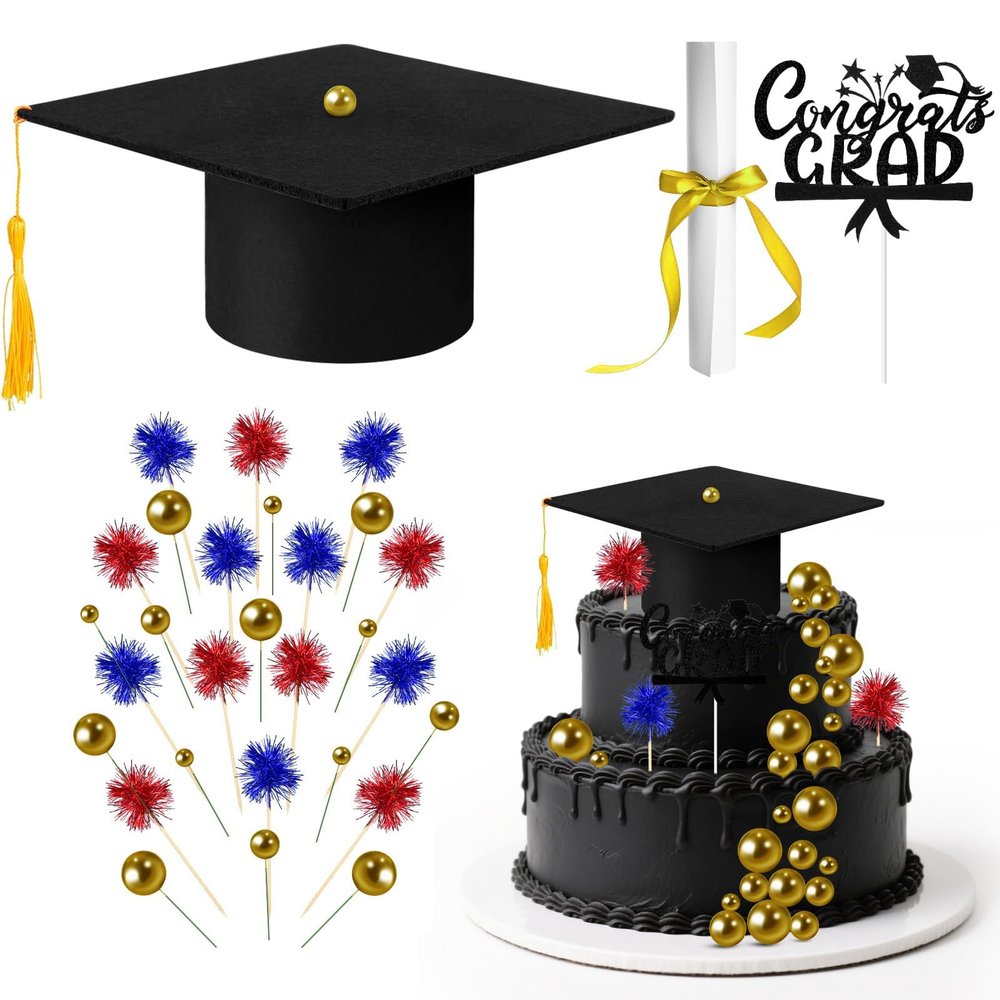 32PCS Graduation Cake Decorations Kit for Class of 2026 Felt Tassel Cap, Firework Cupcake Toppers, Diploma, Balls, Black Theme Graduation Party Supplies for Grads(Black)