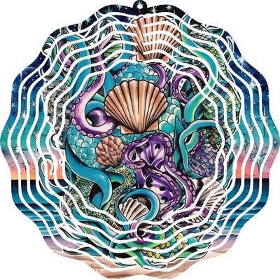 10 Inch Metal Sea Witch Wind Spinner - Dark Siren & Sea Shells - Ocean Beach Kinetic Art - 3D Rotating Outdoor Hanging Decor - Weather Resistant