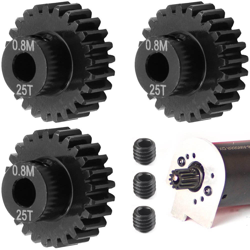 3-Pack Steel Metal 0.8M 5mm Pinion Motor Gear Sets 25T Compatible with HPI Kyosho Losi Axial Tamiya 1/8 1/10 RC Car Monster Truck Buggy, 0.8 Module Gear for Traxxsa Arrma