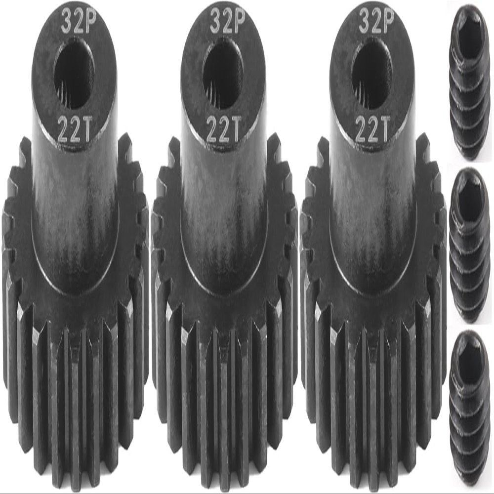 32P 22T RC Car Gear Set | 45# Steel Black Oxide | 5mm Bore +0.03mm | Precision Engineered Motor Pinion Gear Compatible with Traxxas/ARRMA/HPI/Kyosho (3-Pack with M4 Set Screws)
