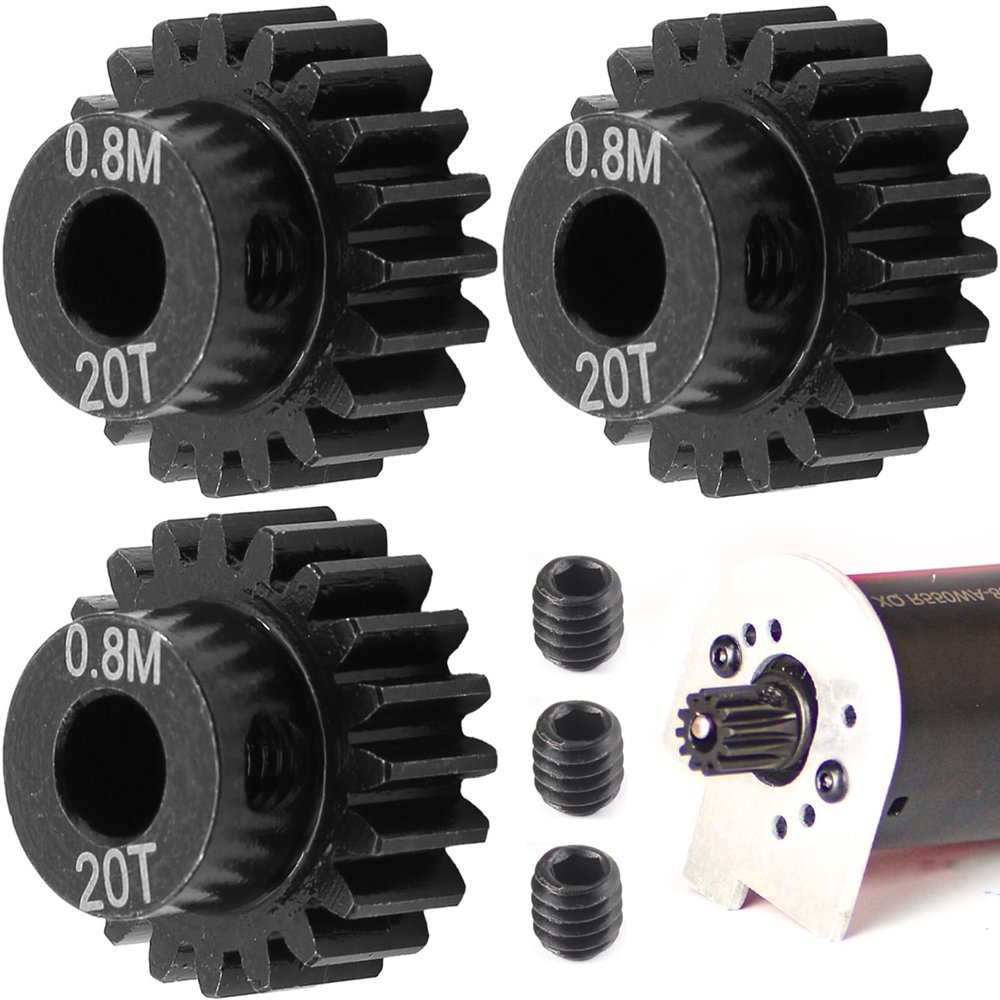 3-Pack Steel Metal 0.8M 5mm Pinion Motor Gear Sets 20T Compatible with HPI Kyosho Losi Axial Tamiya 1/8 1/10 RC Car Monster Truck Buggy, 0.8 Module Gear for Traxxsa Arrma