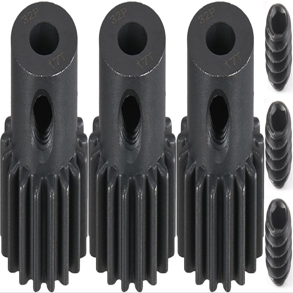 32P 17T RC Car Gear Set | 45# Steel Black Oxide | 5mm Bore +0.03mm | Precision Engineered Motor Pinion Gear Compatible with Traxxas/ARRMA/HPI/Kyosho (3-Pack with M4 Set Screws)